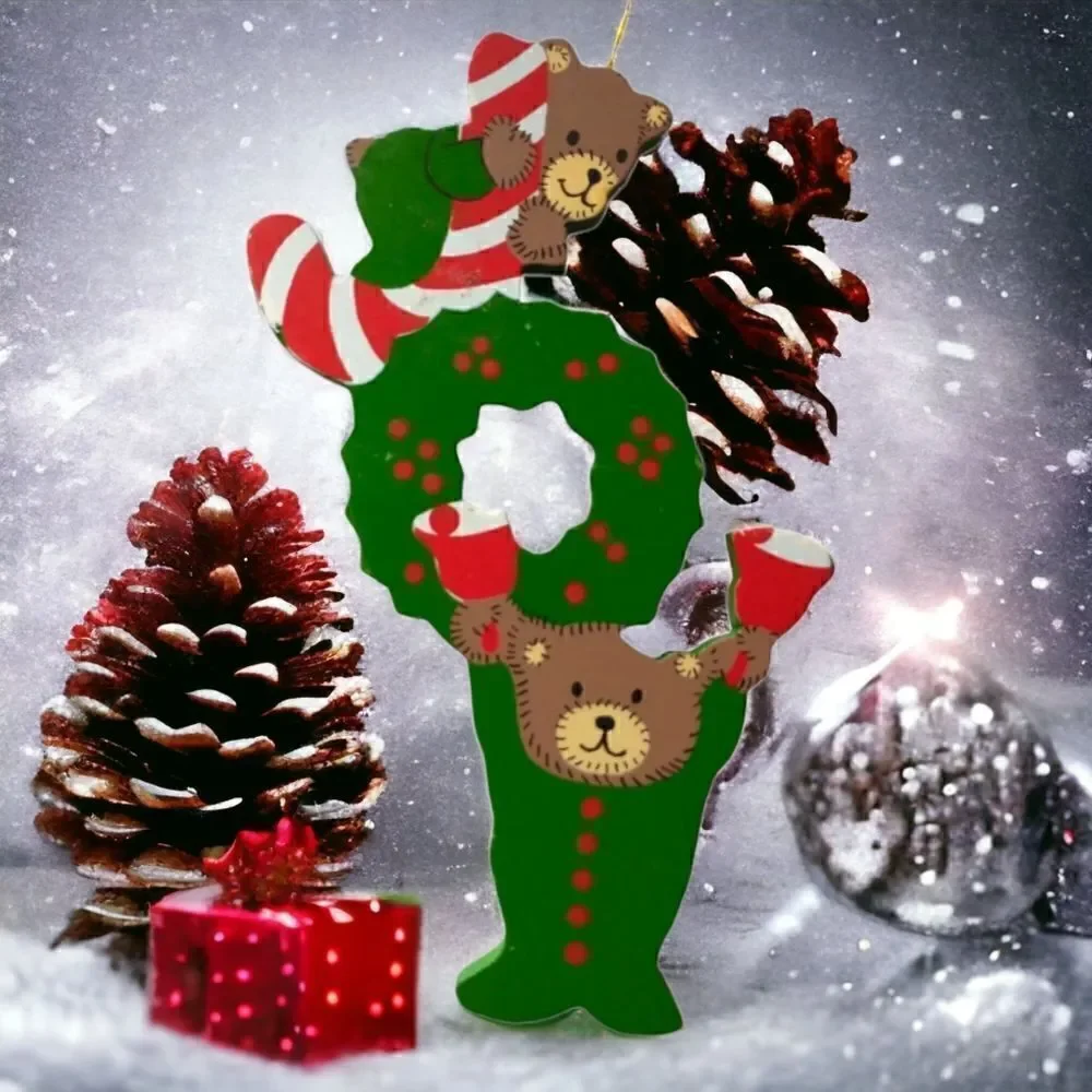 JOY Spell‎ Out Christmas Ornament Folk Art Primitive Die Cut Vintage Wood Bears